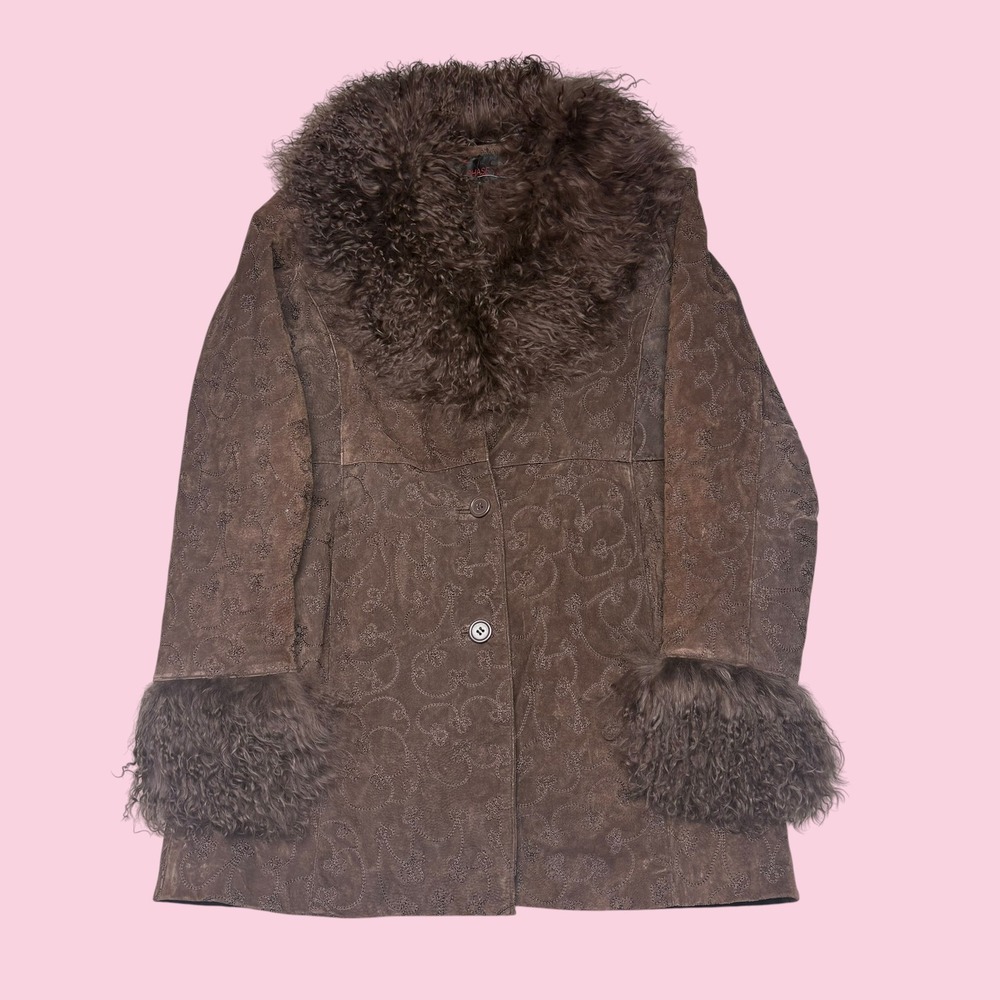 Phase Two Brown Suede Embroidered Jacket Faux Fur Trim Penny Lane Coat Small